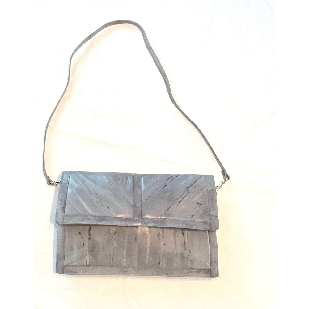 Vtg Eel Skin Leather Gray Handbag Clutch Convertible Shoulder Bag Removabl Strap